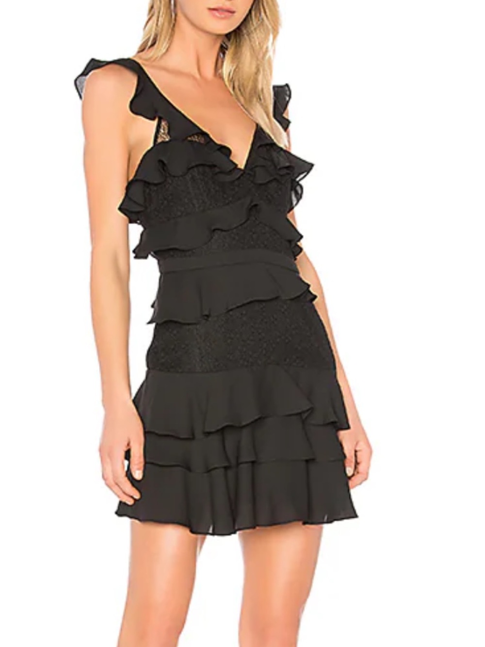 Bardot black Babylon layered ruffle lace sleeveless cocktail mini dress sz L